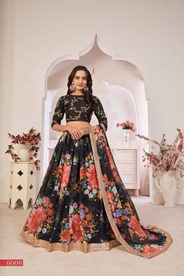 Black printed georgette semi stitched lehenga 1