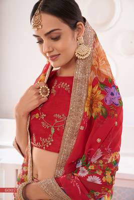 Red printed georgette semi stitched lehenga 4