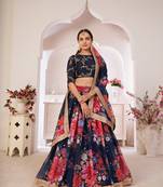 Navy-blue printed georgette semi stitched lehenga
