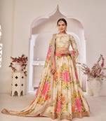 Cream printed georgette semi stitched lehenga