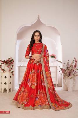 Dark-red printed georgette semi stitched lehenga 1