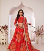 Dark-red printed georgette semi stitched lehenga