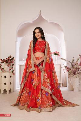 Dark-red printed georgette semi stitched lehenga 2