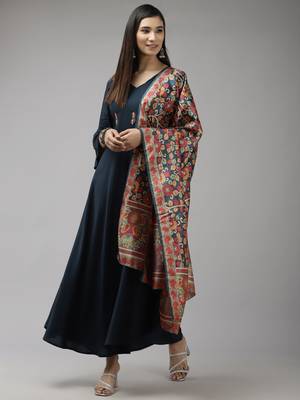Navy-blue embroidered viscose rayon long-dresses 1