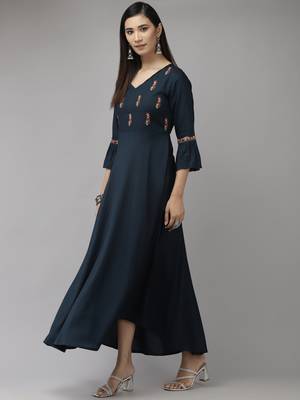 Navy-blue embroidered viscose rayon long-dresses 2