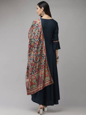 Navy-blue embroidered viscose rayon long-dresses 3