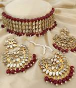 Maroon Copper Base Light Weight Kundan Choker Set with Earrings & Maangtika Necklace Combo
