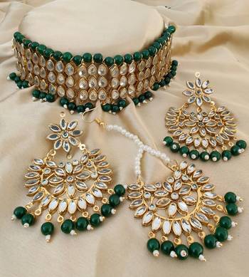 Green COPPER BASE LIGHT WEIGHT KUNDAN CHOKER SET WITH EARRINGS & MAANGTIKA NECKLACE COMBO 1