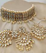 Gold COPPER BASE LIGHT WEIGHT KUNDAN CHOKER SET WITH EARRINGS & MAANGTIKA NECKLACE COMBO