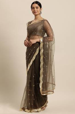 Janasya Brown woven net saree with blouse 1