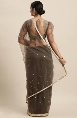 Janasya Brown woven net saree with blouse 2