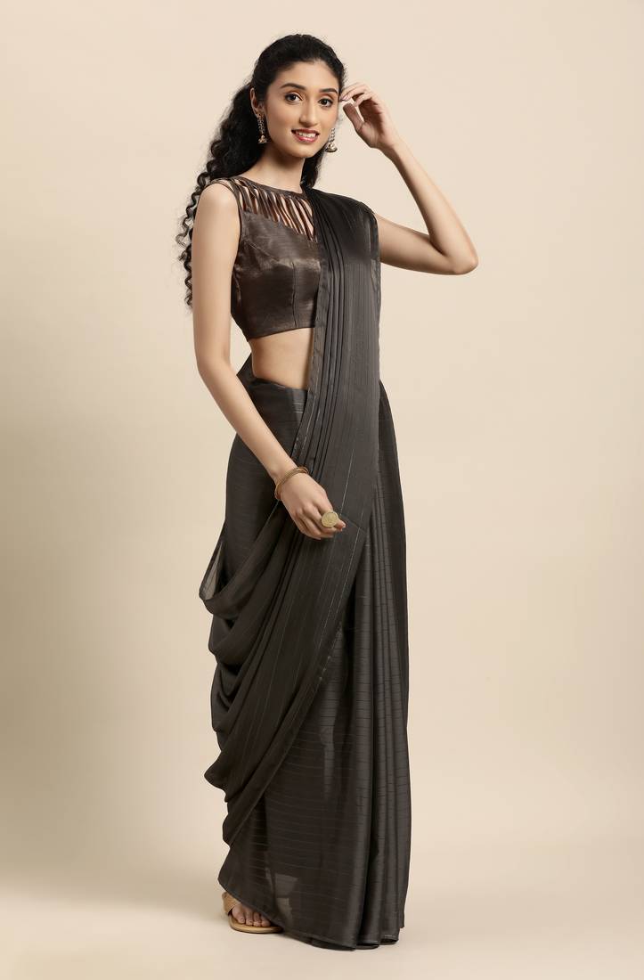 Janasya Grey printed chiffon saree with blouse