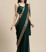 Janasya Green plain georgette saree with blouse