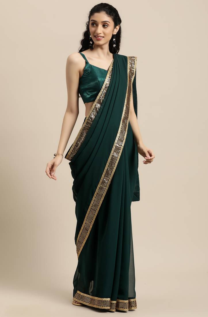 Janasya Green plain georgette saree with blouse