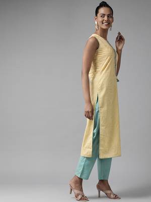 Yellow printed cotton ethnic-kurtis 2