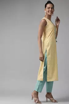 Yellow printed cotton ethnic-kurtis