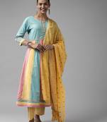 Aqua-blue printed cotton ethnic-kurtis