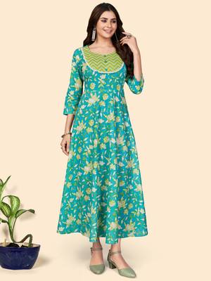 Floral Print Anarkali Cotton Turquoise Stitched Kurta 1