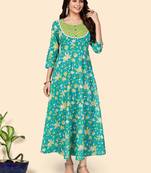 Floral Print Anarkali Cotton Turquoise Stitched Kurta