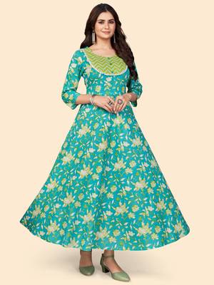 Floral Print Anarkali Cotton Turquoise Stitched Kurta 2