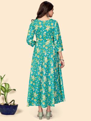 Floral Print Anarkali Cotton Turquoise Stitched Kurta 3