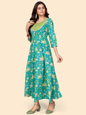 Floral Print Anarkali Cotton Turquoise Stitched Kurta 4