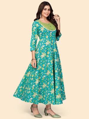 Floral Print Anarkali Cotton Turquoise Stitched Kurta 5