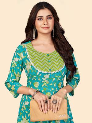 Floral Print Anarkali Cotton Turquoise Stitched Kurta 6
