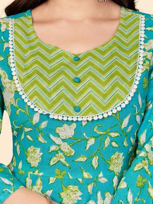 Floral Print Anarkali Cotton Turquoise Stitched Kurta 7