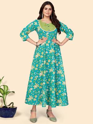 Floral Print Anarkali Cotton Turquoise Stitched Kurta 8