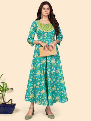Floral Print Anarkali Cotton Turquoise Stitched Kurta 9