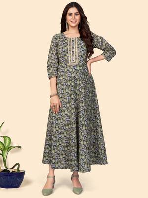 Floral Print Anarkali Cotton Blue Stitched Kurta 1