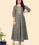 Floral Print Anarkali Cotton Blue Stitched Kurta