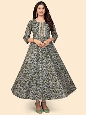 Floral Print Anarkali Cotton Blue Stitched Kurta 2