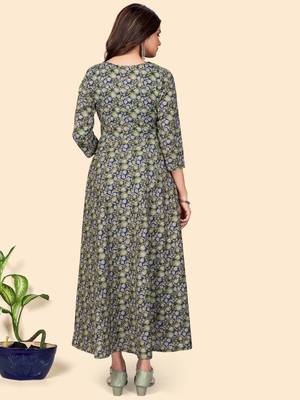Floral Print Anarkali Cotton Blue Stitched Kurta 3
