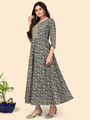 Floral Print Anarkali Cotton Blue Stitched Kurta 4