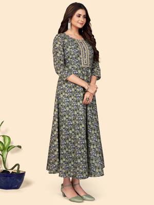 Floral Print Anarkali Cotton Blue Stitched Kurta 5