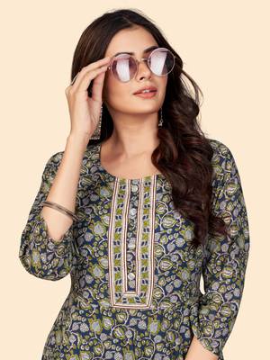 Floral Print Anarkali Cotton Blue Stitched Kurta 6