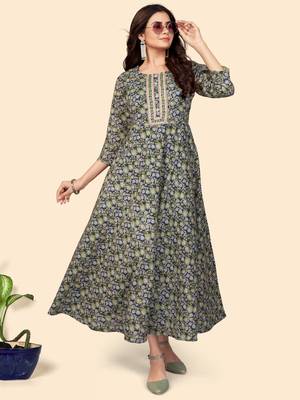 Floral Print Anarkali Cotton Blue Stitched Kurta 8