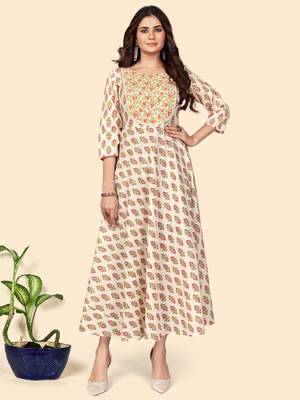 Print & Lace Anarkali Cotton Beige Stitched Kurta 1
