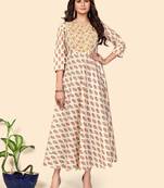 Print & Lace Anarkali Cotton Beige Stitched Kurta