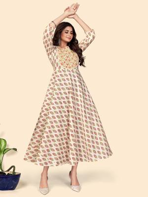 Print & Lace Anarkali Cotton Beige Stitched Kurta 2