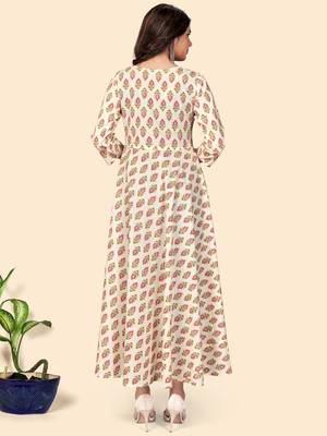 Print & Lace Anarkali Cotton Beige Stitched Kurta 3