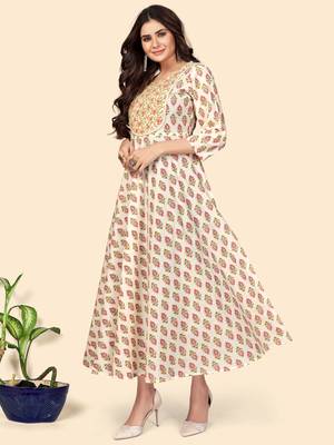 Print & Lace Anarkali Cotton Beige Stitched Kurta 4