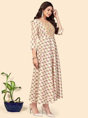 Print & Lace Anarkali Cotton Beige Stitched Kurta 5