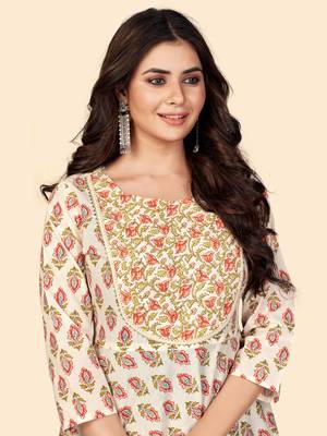 Print & Lace Anarkali Cotton Beige Stitched Kurta 6