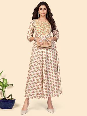 Print & Lace Anarkali Cotton Beige Stitched Kurta 8