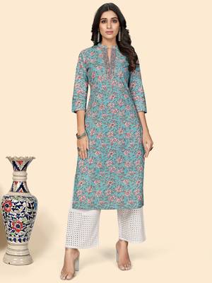 Print & Embroidered Straight Cotton Sky Blue Stitched Kurta 1