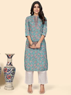 Print & Embroidered Straight Cotton Sky Blue Stitched Kurta 2