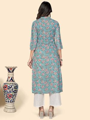Print & Embroidered Straight Cotton Sky Blue Stitched Kurta 3